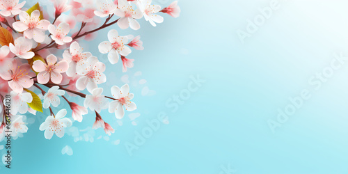 Blue gradient background adorned with a branch of pink cherry blossom flowers in various stages of bloom on the right side.