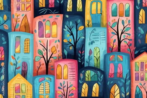 Large windows quirky doodle pattern, wallpaper, background, cartoon, vector, whimsical Illustration