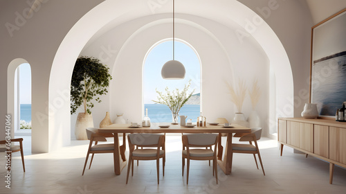 Coastal, mediterranean home interior design of modern dining room with arched ceiling.