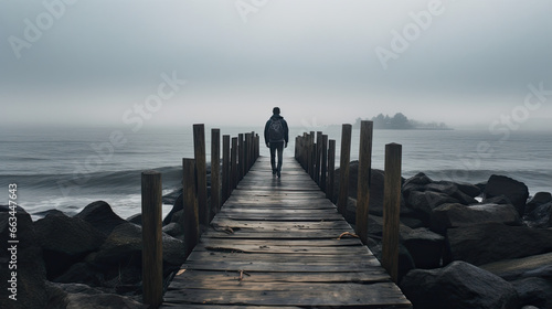 person standing on the pier on the beach photo