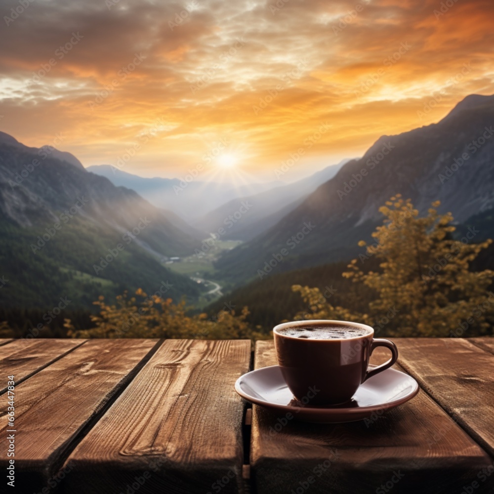 A steaming cup of morning coffee on a rustic wooden table, set against the backdrop of a sunrise over the mountains. A steaming cup of morning coffee on a rustic wooden table, set against the backdrop of a sunrise over the mountains.