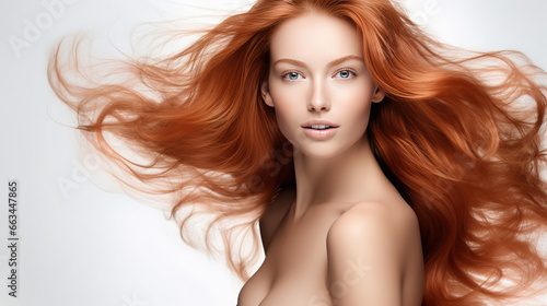 beautiful young female model woman shaking her beautiful ginger hair in motion. ad for shampoo conditioner hair products, generative ai