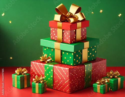 Gift boxes with gold bows on red background. d rendering, a pile of presents with gold bows and bows on top of each other, with a green background