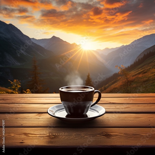 A steaming cup of morning coffee on a rustic wooden table, set against the backdrop of a sunrise over the mountains.