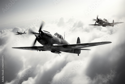 single-engine airplane. muted noir noire black and white cloudscape with WWII airplanes in flight. Bombers attacking. In flight. North African Campaign, Mediterranean Theater. old war photography.  photo
