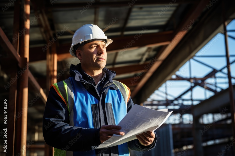 A civil engineer holding document in his hand looking forward to the construction site A civil engineer holding document in his hand looking forward to the construction site