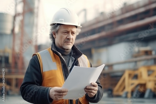 A civil engineer holding document in his hand looking forward to the construction site