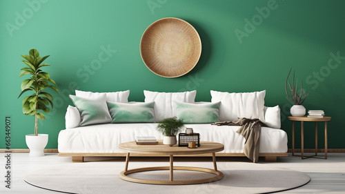 Boho chic living room white sofa with jade green wall, Stylish interior couch and table | Generative AI