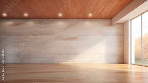 Modern empty room with wood ceiling and marble accent wall, Brightly lit interior with natural light | Generative AI photo