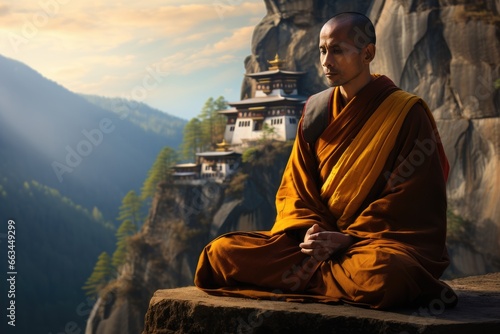 Monk Meditating at Paro Taktsang Summit photo