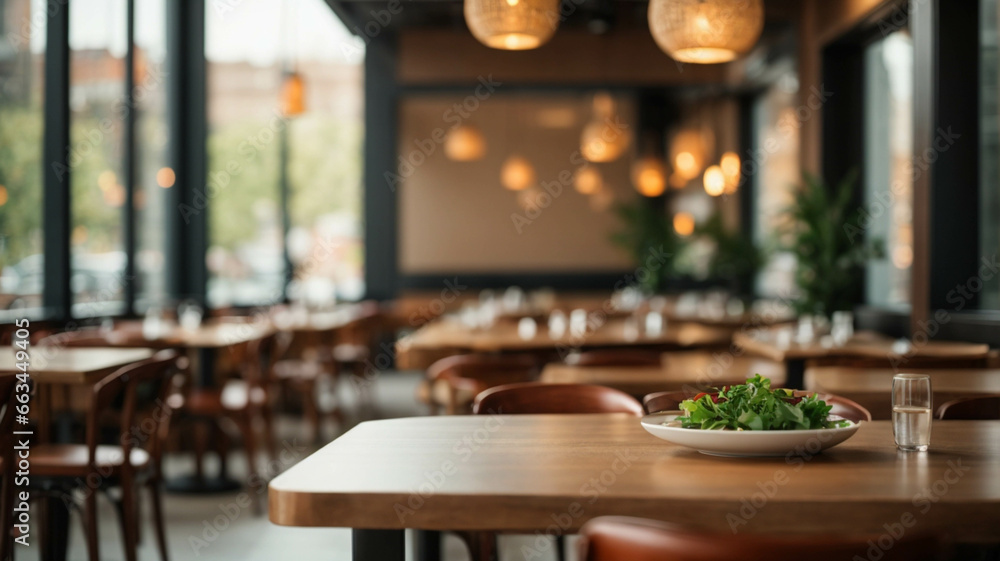 Fototapeta premium an empty table with a plate with food on a background of expensive and cozy bar, space for text