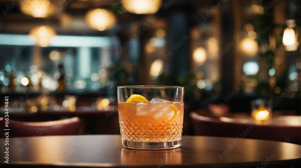 A glass with a cocktail on a table in an expensive and cozy restaurant, background table, space for text A glass with a cocktail on a table in an expensive and cozy restaurant, background table, space for text
