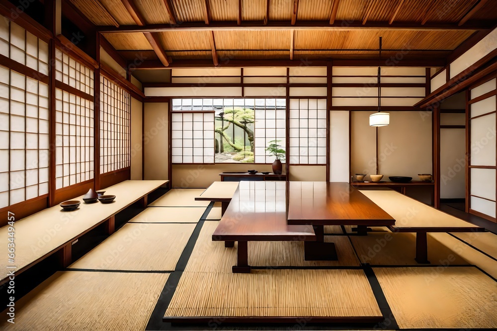 : Japanese teahouse kitchen with traditional tatami flooring, low dining tables, and a tranquil setting. : Japanese teahouse kitchen with traditional tatami flooring, low dining tables, and a tranquil setting.