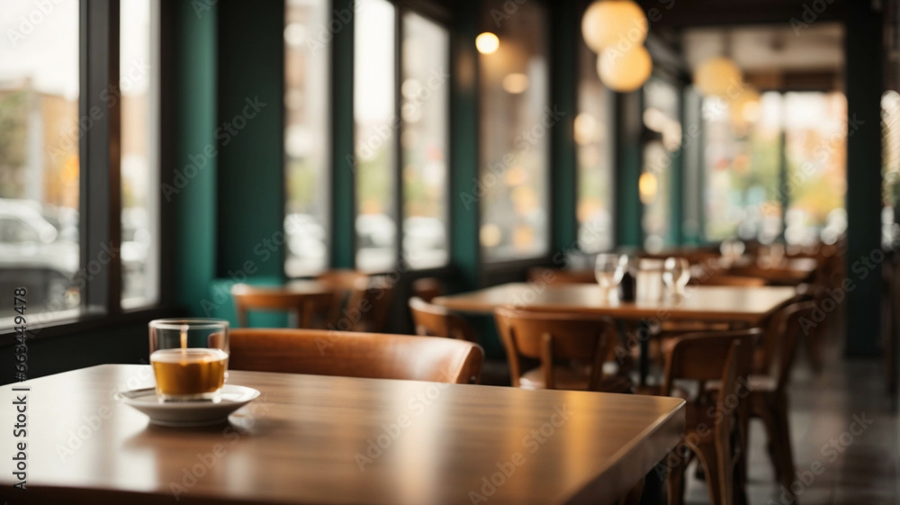 an empty table with a cup of coffee for assembling products on a background of expensive and cozy bar, space for text
