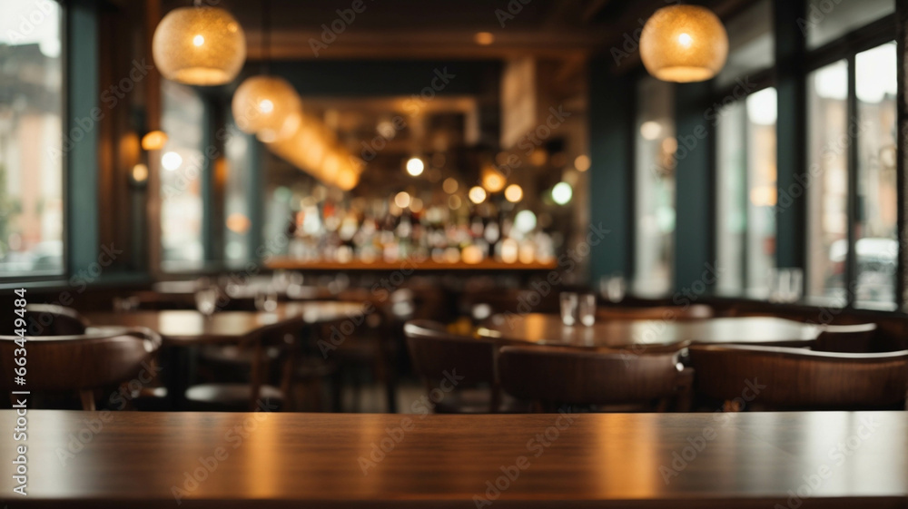 an empty table for assembling products in an expensive and cozy restaurant, bar in the background, space for text
 - obrazy, fototapety, plakaty 