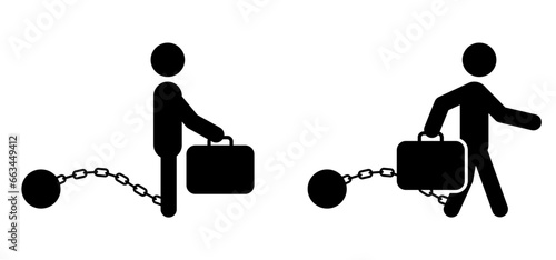Cartoon deadline or slave iron. Stickman, people walks with a weight chained to his foot. Business shopping bag or handbag and chain and ball. Vector briefcase. Businessmen suitcase or briefcase.