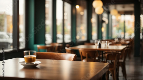 an empty table with a cup of coffee for assembling products on a background of expensive and cozy bar, space for text 