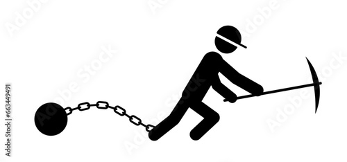 Cartoon pick axe or pickaxe mining tool or slave iron. Working people prison with a weight chained to his foot. Prisoner with ball on chain icon. Convict sign. Shackle symbol. Chain and ball concept.