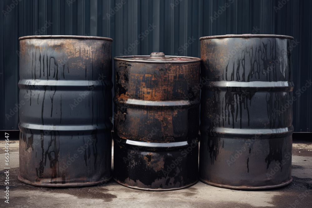 Front view of three black oil barrels Front view of three black oil barrels