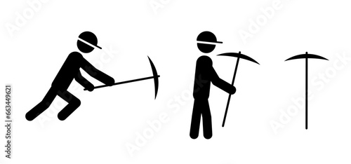 Cartoon pick axe or chopping tool. Stickman, stick figure man with garden tools. Pickaxe mining tool icon. Geological rock pick hammer set. Shovel sign. Ice picks concept. Mining concept.