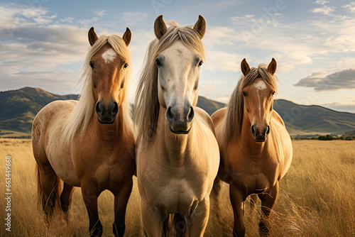 Three wild horses in a mountains