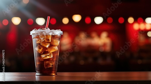 Cola with ice cubes in plastic glass blurred background. AI generated image