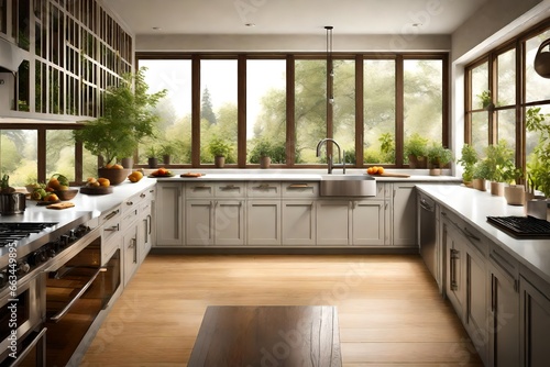   Scenic kitchen with a window overlooking a lush garden  bringing the outdoors in.