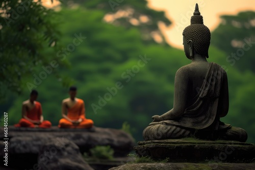 Monk in Meditation Alongside Buddha Statue