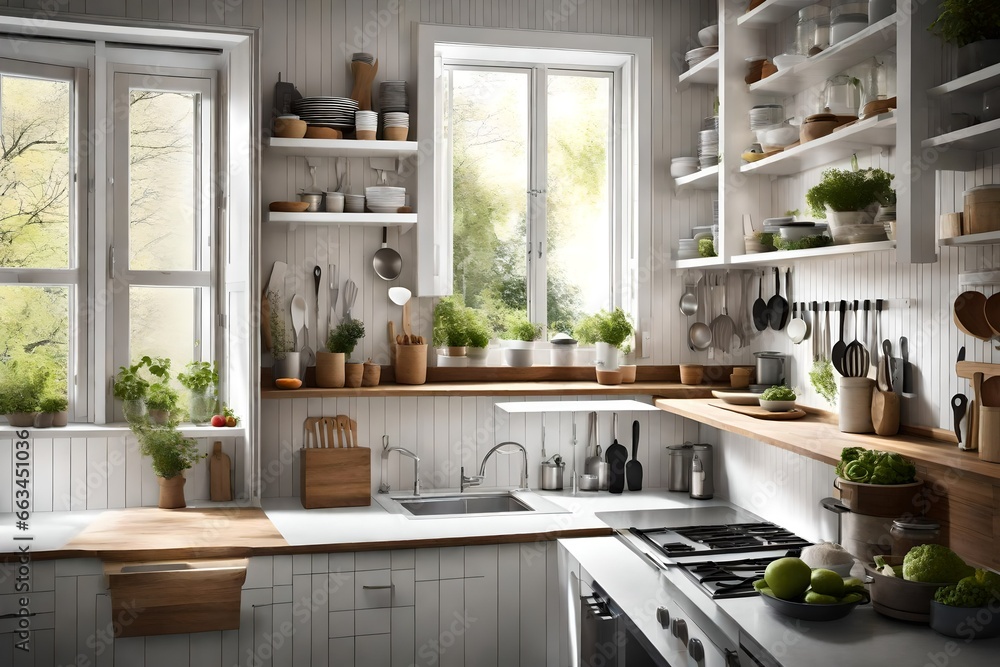 : Small kitchen space with clever storage solutions and a window overlooking the garden. - obrazy, fototapety, plakaty 