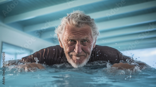 Senior man swimming in an indoor swimming pool.