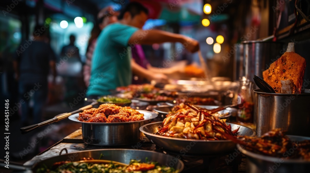 An energetic shot of diverse street food stalls, showcasing a variety of global flavors An energetic shot of diverse street food stalls, showcasing a variety of global flavors