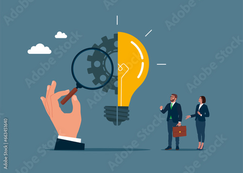 Businessman open lightbulb idea. Creativity to help see business opportunity. Validate Your Idea. Find a problem. Vector illustration.