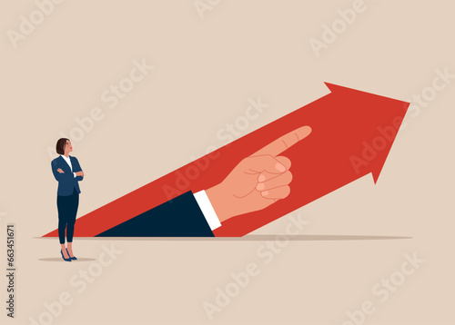 Woman and  big hand with pointing finger direction for successful. Vector illustration 