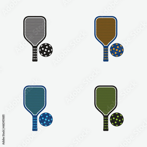 Pickleball paddle with ball vector symbal icon for sports racket different color on white background photo