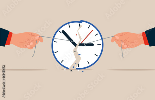 Work deadline or time management. Pull minute and hour hand to break the clock. Flat vector illustration