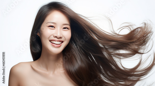 beautiful young female asian korean model woman shaking her beautiful hair in motion. ad for shampoo conditioner hair products, generative ai