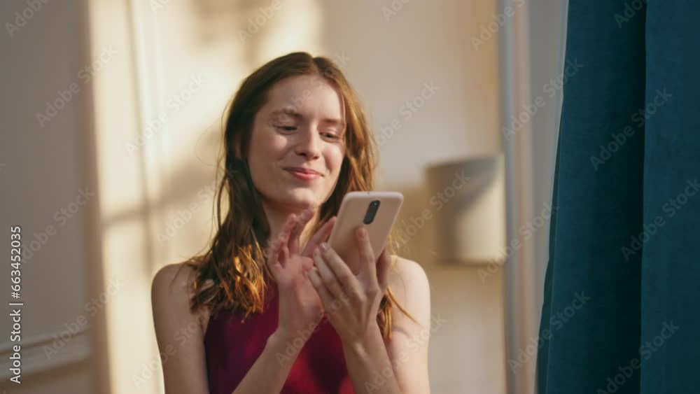 Joyful girl talking cell looking mirror closeup. Happy woman reflection admire Joyful girl talking cell looking mirror closeup. Happy woman reflection admire