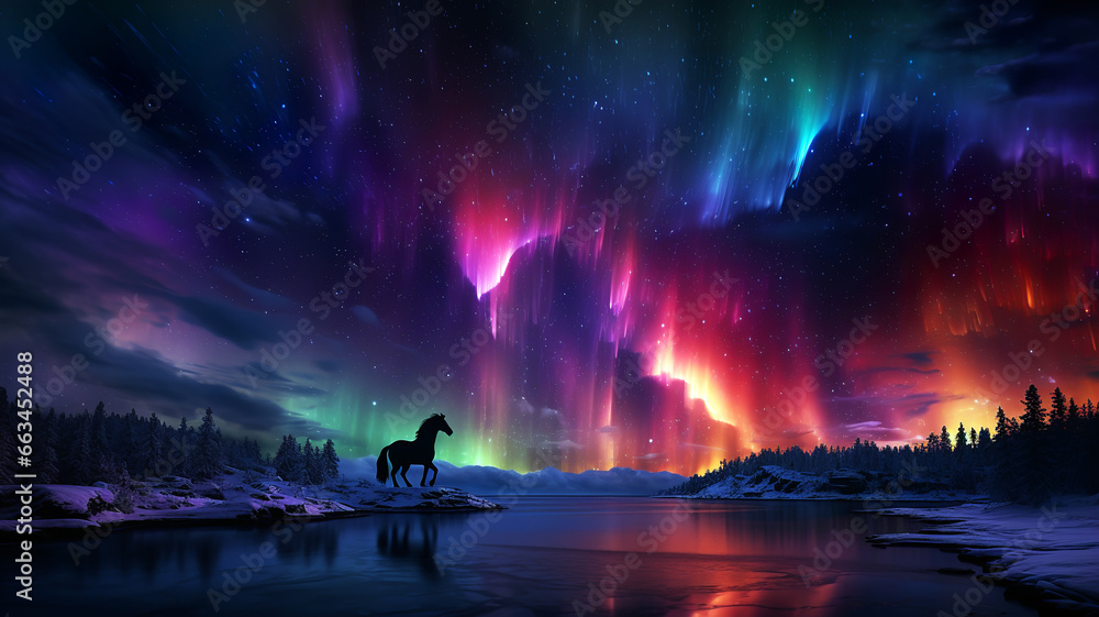 A beautiful horse with a very strong build in nature, the multicolored aurora borealis in the background. Horses concept. AI generated. A beautiful horse with a very strong build in nature, the multicolored aurora borealis in the background. Horses concept. AI generated.