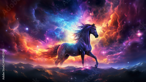 A beautiful horse with a very strong build in nature, the multicolored aurora borealis in the background. Horses concept. AI generated. © Czintos Ödön