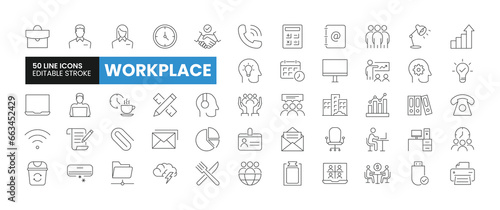 Set of 50 Office or Workspace line icons set. Office or Workspace outline icons with editable stroke collection. Includes Office, Clock, Manager, Meeting, Printer and More.