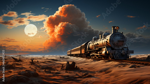 Vintage steam train on the railroad at sunset