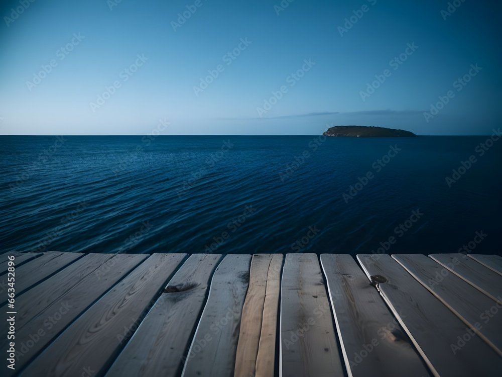 Wooden pier on blue sea and sky surface