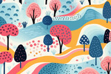 Landscaped yards quirky doodle pattern, wallpaper, background, cartoon, vector, whimsical Illustration