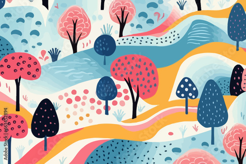 Landscaped yards quirky doodle pattern, wallpaper, background, cartoon, vector, whimsical Illustration