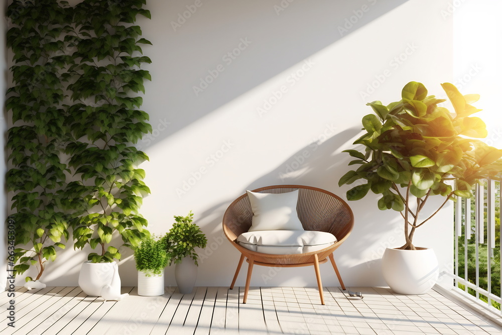 Loft-style outdoor living area. There are white furniture and green plants fence - obrazy, fototapety, plakaty 