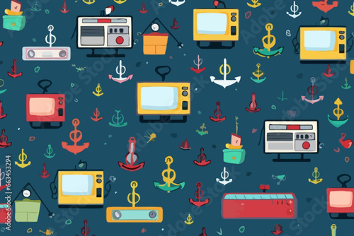 TV newsroom with anchor quirky doodle pattern, wallpaper, background, cartoon, vector, whimsical Illustration