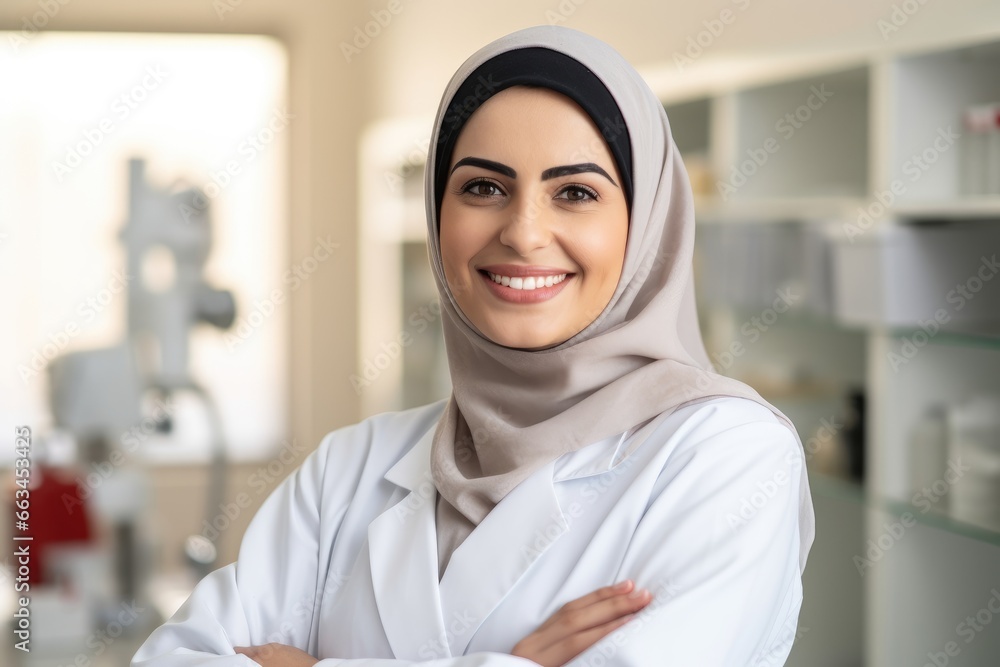 Hijab-Wearing Woman's Gaze at Beauty Clinic Hijab-Wearing Woman's Gaze at Beauty Clinic