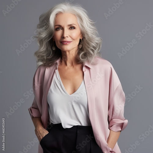 Beautiful aged lady posing on studio background, stylish dressed senior woman with gray hair, positive aging concept