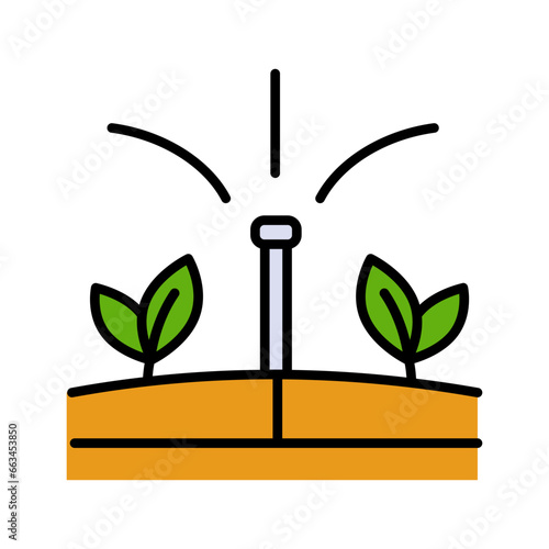 Lawn grass or field irrigation system icon. Garden irrigation automatic system, agriculture sprinkling technology or aquaponics vector icon. Agriculture watering equipment outline pictogram