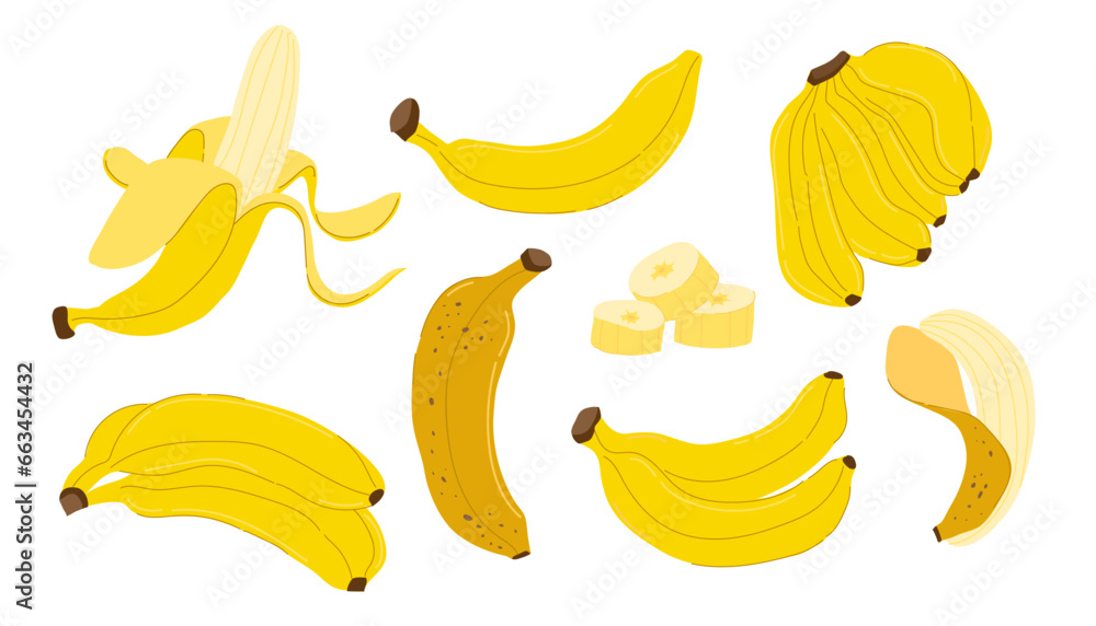 banana set. set of fresh banana bunches. A sweet fruit, peeled banana and bunch of bananas isolated on a white background banana set. set of fresh banana bunches. A sweet fruit, peeled banana and bunch of bananas isolated on a white background
